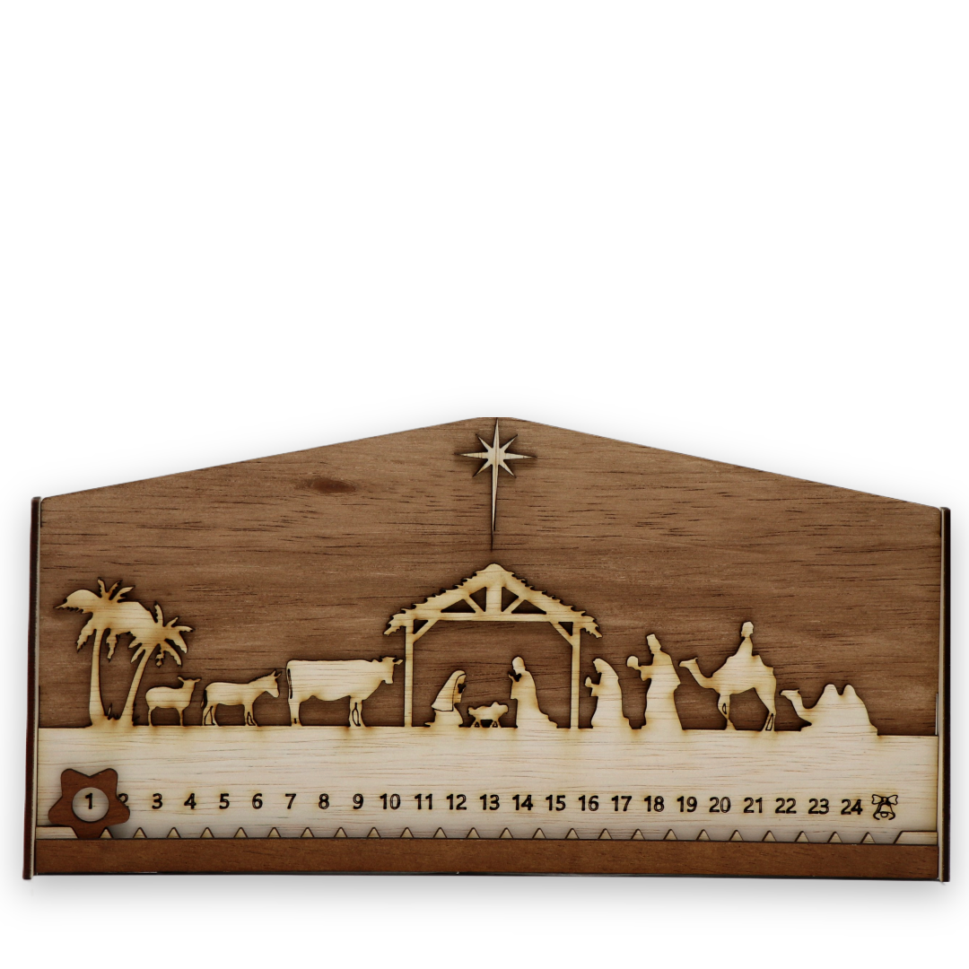 Design Advent Calendar Nativity Scene – four-layer Natural Wood with Star of Bethlehem | Atmospheric Christmas decoration