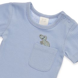 Baby lichaam kort -arm - met borstzak en dino -toepassing, fancy rib - blauw