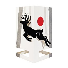 A decorative candle holder featuring a silhouette of a deer against a white background with a red sun symbol.