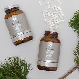 Vegan MSM supplement capsules in amber glass bottles with natural ingredients.