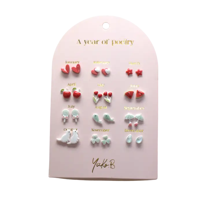 Card of 12 Earrings A Year of Poetry red English