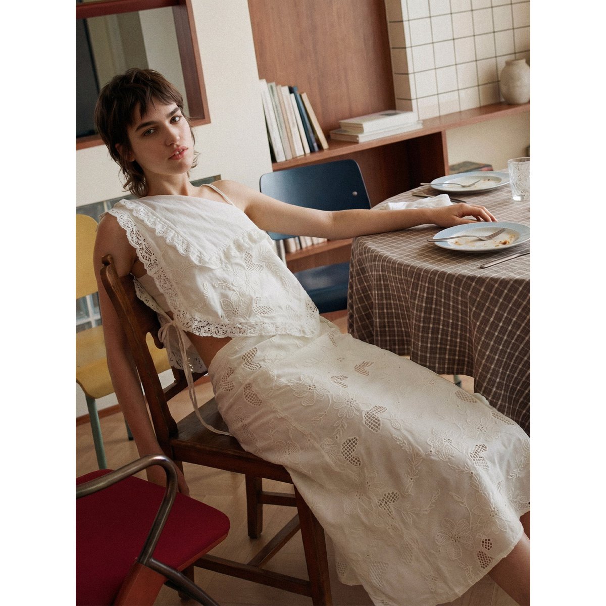 Sunlit Cream Embroidered Midi Skirt