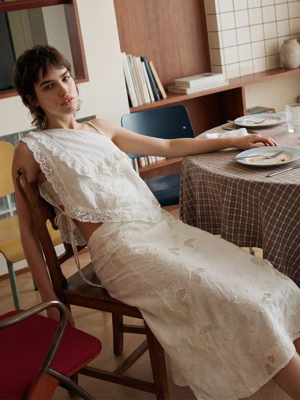 Sunlit Cream Embroidered Midi Skirt