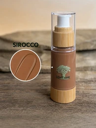 Liquid mineral foundation, natural SPF, brown glass bottle, wooden bamboo pump dispenser, eco-friendly packaging