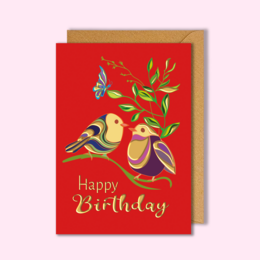  Colorful birthday card with gold foil birds and flowers on a red background.