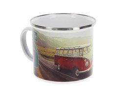 Enamel mug featuring a vintage Volkswagen T1 Bus design in a multicolored highway scene. Durable enamel construction with a stainless steel rim. Holds 500ml. Comes in a gift box.