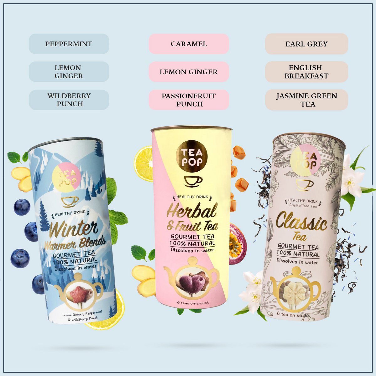 Tea-Pop-Geschenkset: Klassisch, Kräuter & Früchte, Winterwärmer-Kollektionen
