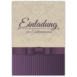 Classic elegant invitation for first communion in beige purple