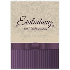 Classic elegant invitation for first communion in beige purple