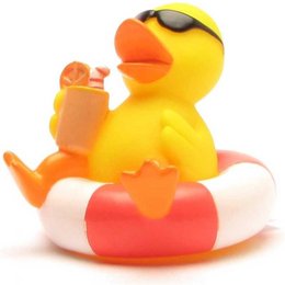 A yellow rubber duck toy floating in a swimming ring, with a smaller orange duck toy. The duck has a playful, cartoon-like design and appears to be a bath toy for children.