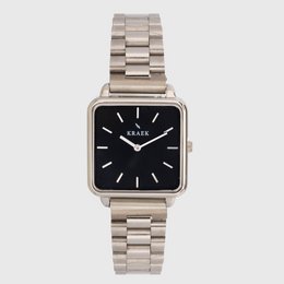 Silver stainless steel watch with a square black dial and a 28mm case size.