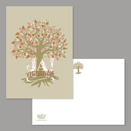 Elegant wedding card with a tree design featuring hearts and flowers in shades of pink and brown.