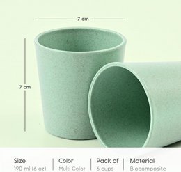 Ecofy Przyjazny dla Ziemi | Zestaw 6 | 180 ml | Nietłukąca szklanka do wody i soku | Każdy | Kubki dla dzieci wykonane z biokompozytu łusek ryżowych| Można używać w kuchence mikrofalowej | na ciepło i zimno | Wielokolorowy certyfikat TUV