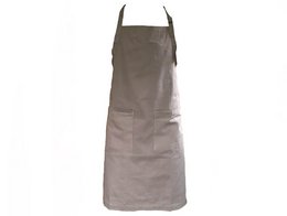 Organic cotton apron in light gray, denim, black, and navy colors. Durable and stylish apron for cooking, baking, or gardening.