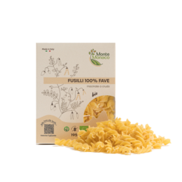 Organic bean flour fusilli pasta in a beige package with green leaf design. The pasta is made from 100% organic bean flour, providing a high-protein, gluten-free alternative to traditional wheat pasta.