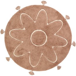 Circular bohemian-style children's rug with a large flower design and tasseled edges, made of soft, natural-colored material.