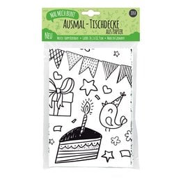 Coloring tablecloth with birthday motif, including cake, party hats, and other festive elements. Suitable for kids.