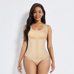 Shapewear 4-in-1 Waist Trainer Corset Bodysuit with Padded Bra. Beige colored bodysuit with tummy control and high waist design. Available in sizes S-3XL.