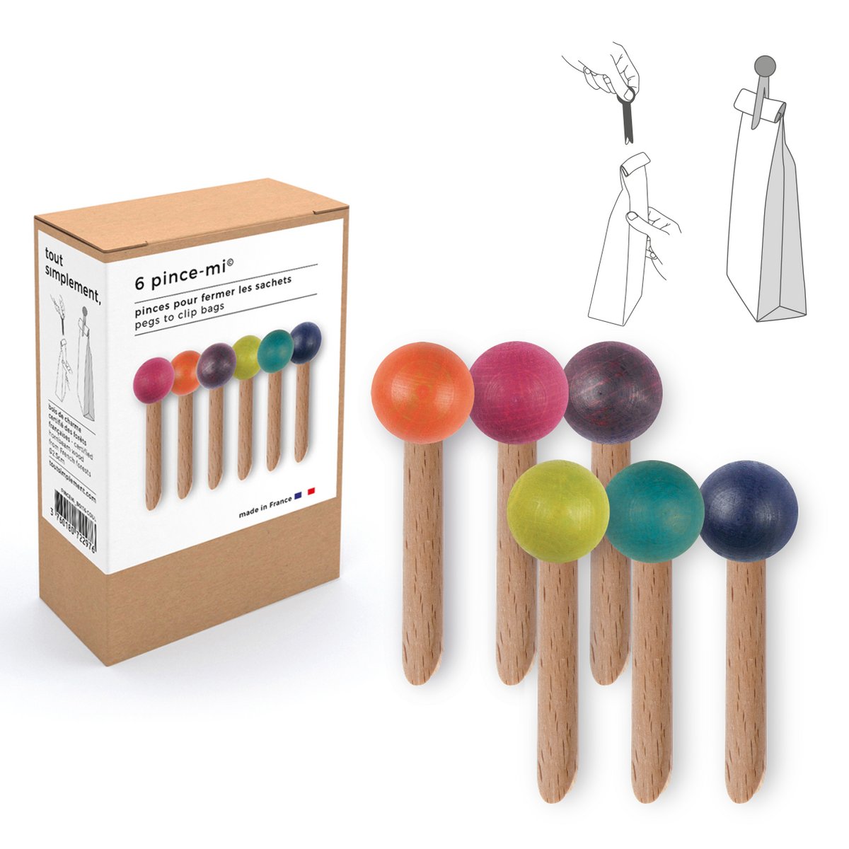 Display full of 32 boxes of 6 wooden bag clips - natural and color + free display