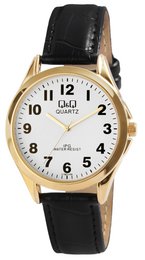 Q&Q men's watch with imitation leather strap, black/gold, 3 bar