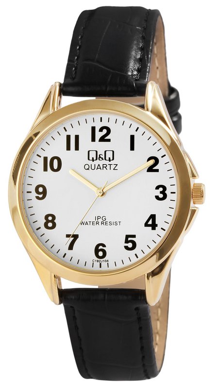 Q&Q men's watch with imitation leather strap, black/gold, 3 bar
