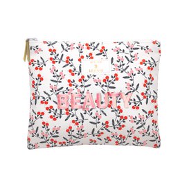  A white cotton clutch with a floral embroidery pattern featuring red and pink flowers and leaves. The clutch has a zipper closure and measures 21x17 cm.