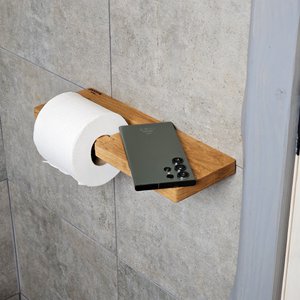 Wall-Mounted Wood Toilet Paper Holder with Shelf, Oak Bathroom Accessory