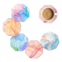 Watercolor painted wooden coasters, round octagonal shape, pastel pink blue orange colors, set of 5, home decor gifts.