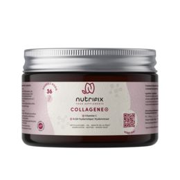  Collagen+ supplement in a glass jar with a silver lid. Contains collagen for skin, hair, and nail health.