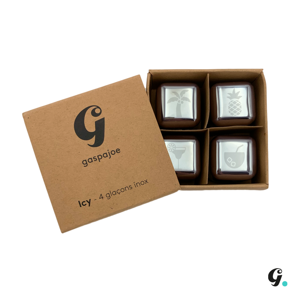 4 Gaspajoe ice cubes engraved all stainless steel in a Kraft gift box