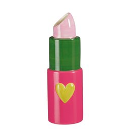  Lipstick-shaped pink vase with a heart design. Made of ceramic material. Suitable for holding small flowers or decorative items.