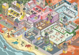 Colorful puzzle game with a prison escape theme. Features a detailed, isometric city scene with various buildings, vehicles, and characters. Suitable for ages 8 and up.