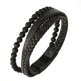 Black leather charm bracelet with black beads