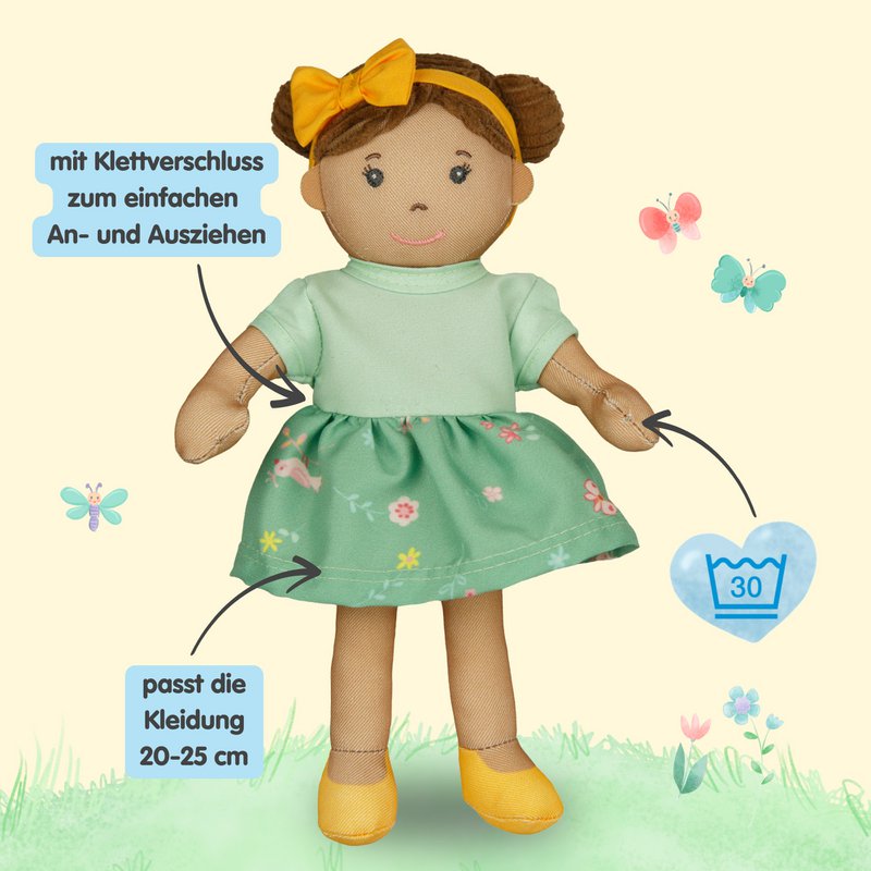 Stof Doll '' Martha '' med kjole til at sætte på og tage af, 22 cm