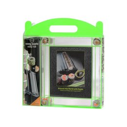 A sushi making kit with tools for rolling sushi, including a bamboo mat, rice paddle, and soy sauce dish. The kit contains instructions in multiple languages.