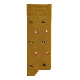 Mustard yellow socks with small embroidered icons, including movie cameras, clapperboards, and other film-related symbols.