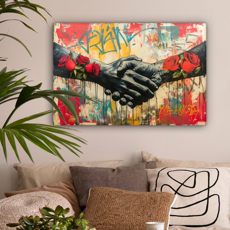 Canvas schilderij - Wanddecoratie Graffiti - Rozen - Handen - Street art - Muurdecoratie woonkamer - Slaapkamer decoratie - Kamer accessoires - Schilderijen op canvas