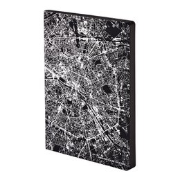  A black and white notebook with a detailed map design, featuring a premium leather cover and sustainably produced in Germany. The notebook has 176 numbered pages with a 3.5mm dot grid, made from 120g premium paper.