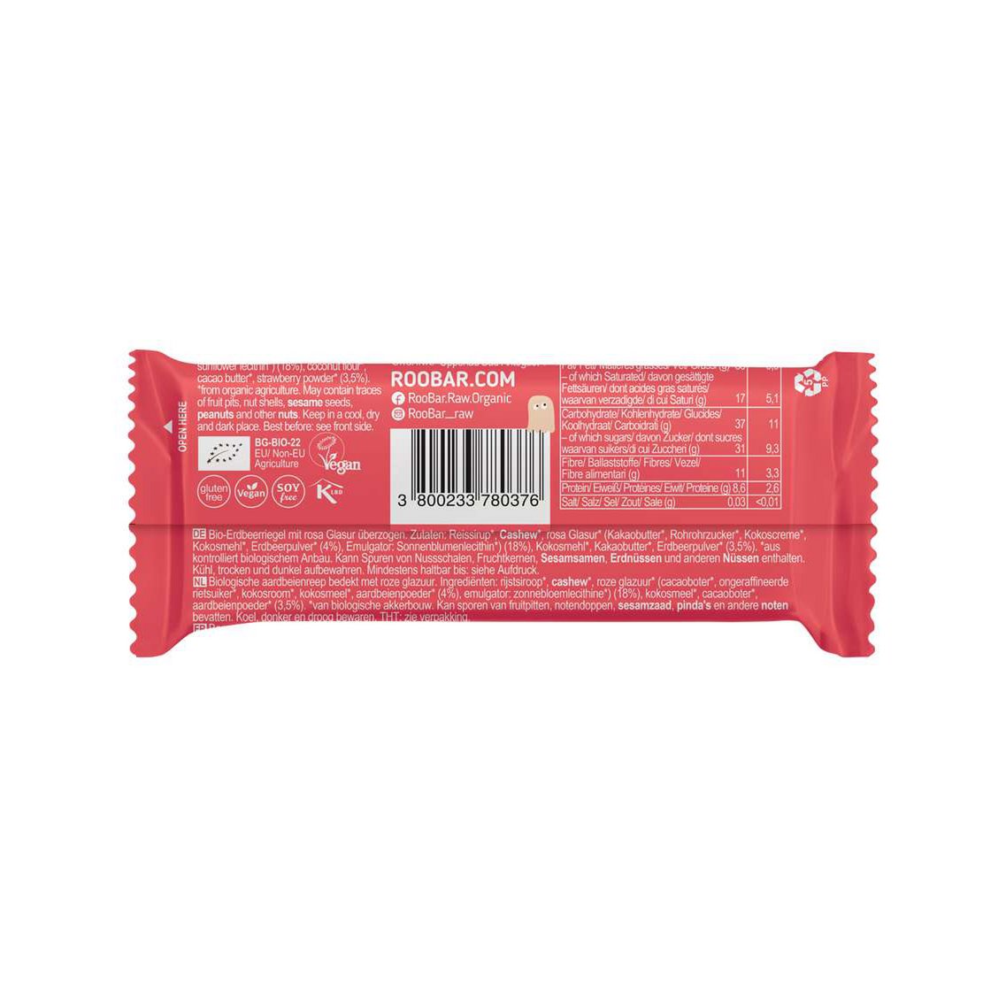 Roobar sour cherry bar covered with white glaze, organic, Roobar, 30g