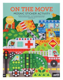  Colorful mosaic sticker set featuring vehicles, cars, trucks, buses with geometric patterns and bright colors.