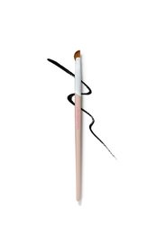 A curved eyeliner brush with a pink handle and black bristles, designed for precise application of eyeliner.