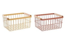 A rectangular metal basket with a wooden handle, available in two color options - gold and copper. The basket measures approximately 29 x 20 x 14.5 inches and is suitable for storage and organization purposes.