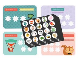 Potty training reward system with animal-themed stickers and cards. Includes various animal icons and shapes like stars, hearts, and animals.