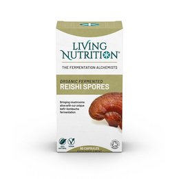Organic fermented reishi spores supplement in a brown and green box. Contains reishi mushroom, a natural immune booster.
