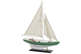 Mint green wooden sailboat model, 42 inches long, 9 inches wide, and 62 inches tall, with a white sail and green hull.