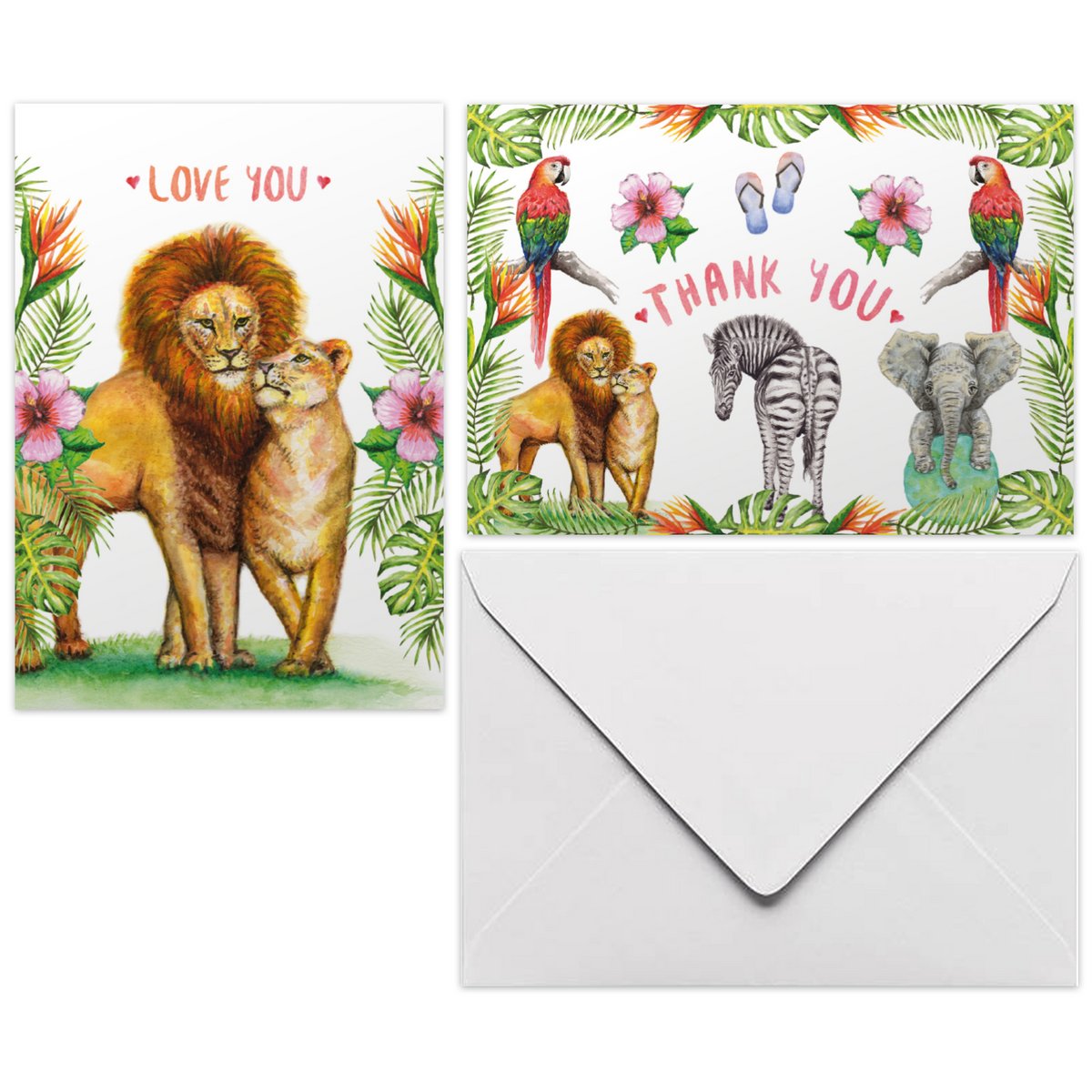 10 cartes de voeux t'aime merci avec enveloppe - peint à la main - carte postale - lion - perroquet - zèbre - éléphant - tropical - format A6