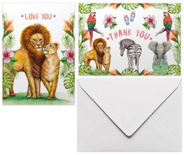 10 Grußkarten lieben dich danke mit Umschlag - handbemalt - Postkarte - Löwe - Papagei - Zebra - Elefant - tropisch - A6 Format