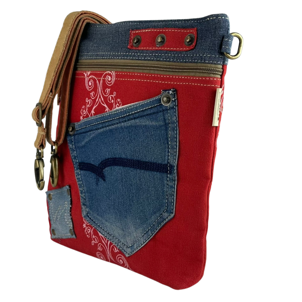 Sunsa dames schoudertas. Schoudertas gemaakt van upcycled jeans en canvas. Handtas vintage retro-stijl. Crossbodytas voor dames.
