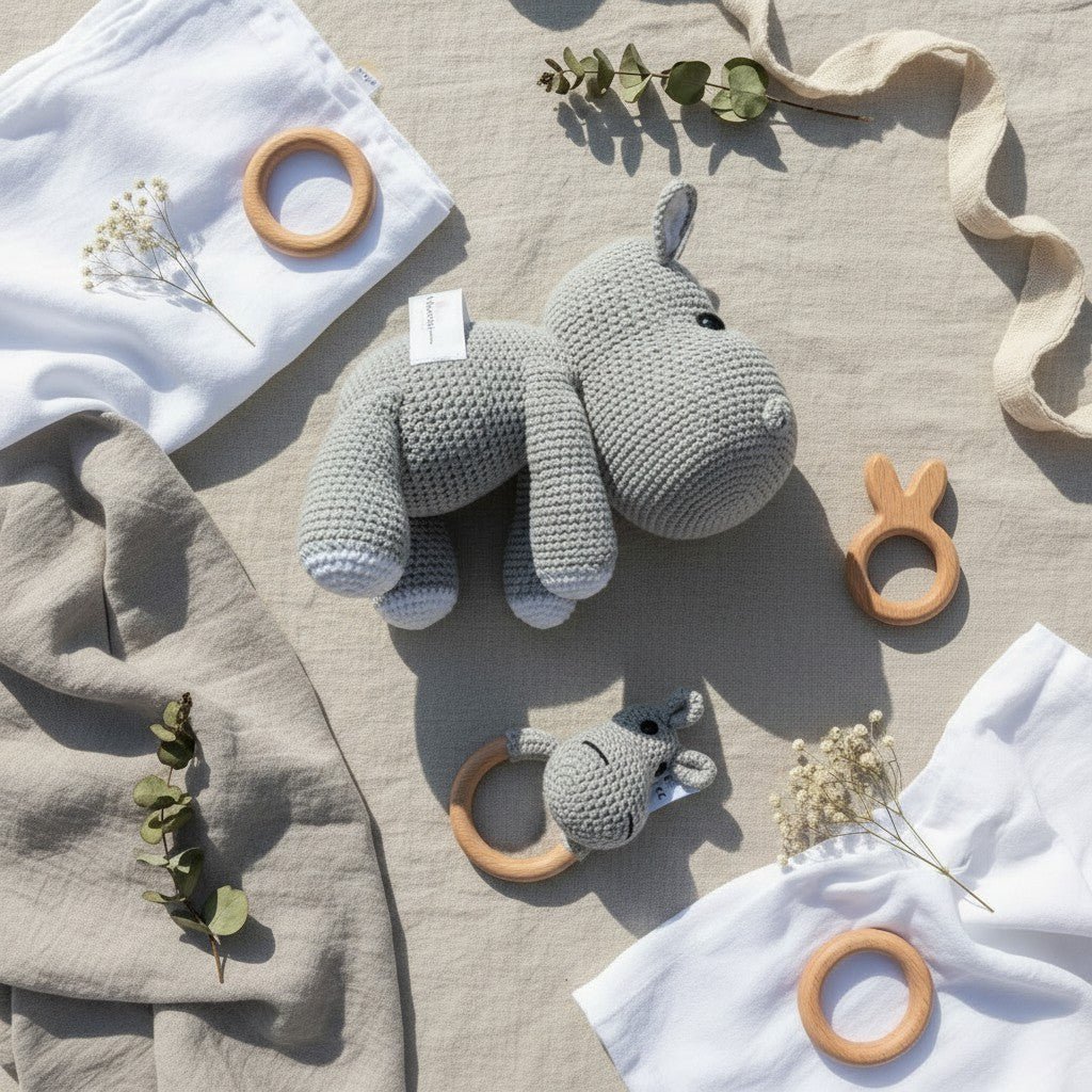Nuvinokids® Handmade Hippo Cuddly Toy and Teething Set made of 100% Cotton