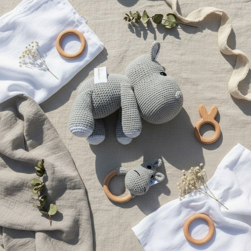 Nuvinokids® Handmade Hippo Cuddly Toy and Teething Set made of 100% Cotton